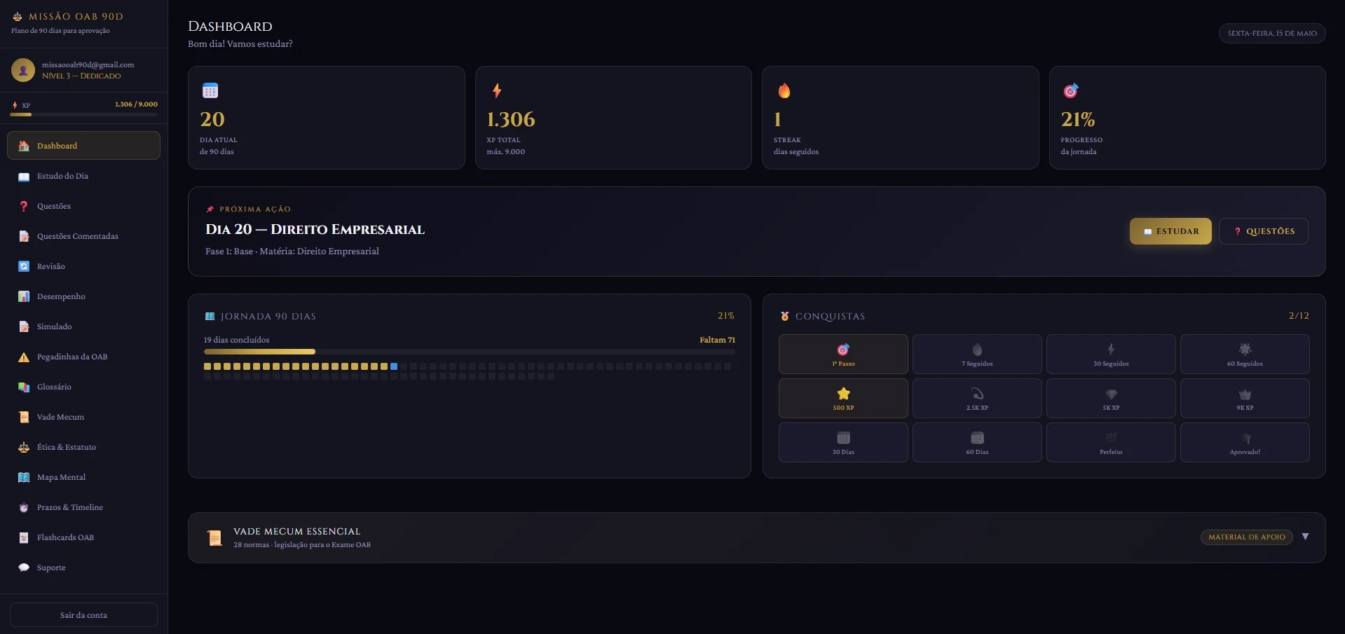 Prévia real do dashboard da plataforma Missão OAB 90D